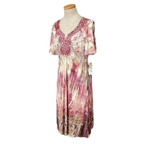 World Unity Romantic Stone Dress NWT Short Sleeve Notch Midi Pink Size Large L - Picture 3 of 17